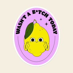 Cute vector fruits sticker pack. A cool happy lemon with funny face. Flat line art illustration. Colourful original trendy character. Childish set of drawings. Quote design.