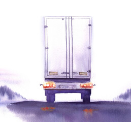 The back side of a large abstract truck stretching into the distance along a wet road with glowing headlights on. Hand drawn watercolor background illustration