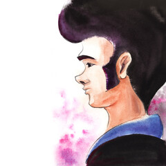 Hand-drawn portrait. A profile of the face of a young man with a high brioline hairstyle, dark hair and sideburns in a dark blue collared shirt. Watercolor illustration