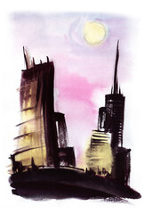 An abstract hand-drawn silhouette of a big city with glowing skyscrapers against the background of a sunset pink-purple sky. dull pale yellow moon Watercolor illustration technique of flowing paint.