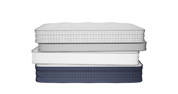 3d illustration full-face side view of several elastic mattresses of different thickness with dark gray, light gray, blue border.