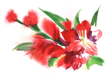 Bright red abstract gladiolus flowers on a green stem. Blurry blots of buds. Hand drawn watercolor illustration. The decorative element is isolated on a white background
