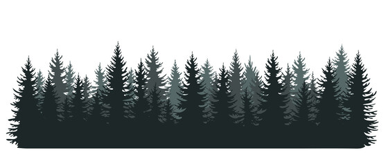 Fir forest silhouettes. Coniferous spruce trees horizontal background. Evergreen plants panorama. Isolated on white vector illustration in hand drawn style  - obrazy, fototapety, plakaty
