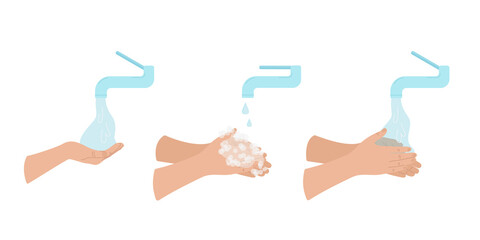 Steps of washing hands with soap and water from the tap. Hygiene procedures icons set. World handwashing day. Vector illustration in flat design isolated on white.