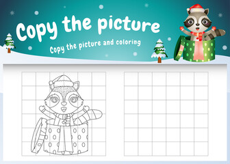 copy the picture kids game and coloring page with a cute raccoon using christmas costume