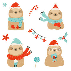 Funny collection of cute sloths in winter clothing
