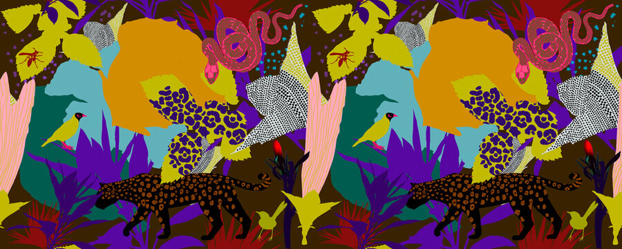 Seamless pattern with tropical leaves, birds, leopard, sneak and flowers on dark background. Stylish, Trendy illustration