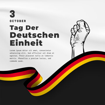 Square Banner illustration of German Unity Day celebration. Translation: Day of German unity. Waving flag and hands clenched. Vector illustration