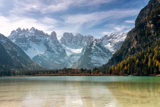 Peaks of Cristallo group view from the pristine Lake Landro, Dolomites, Dobbiaco, Bolzano province, South Tyrol