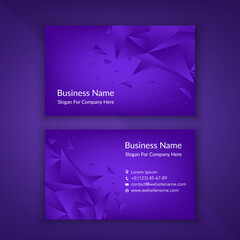 Business card template with 3D low polygon geometry purple background. Business, science, medicine and technology design. Abstract geometric minimal style art. Modern vector card.