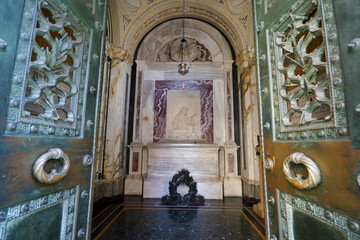 RAVENNA, ITALY - AUGUST 10, 2021: open doors of sepulcher of Dante Alighieri, Italian poet tomb in...