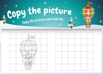 Fototapeten copy the picture kids game and coloring page with a cute pig on hot air balloon © riko_design