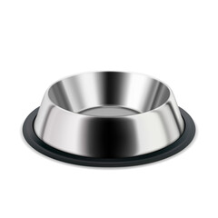 Metallic Plate For Pet Food And Water Drink Vector. Blank And Empty Steel Metal Plate For Feeding Domestic Animal Cat Or Dog. Puppy And Kitten Accessory Template Realistic 3d Illustration