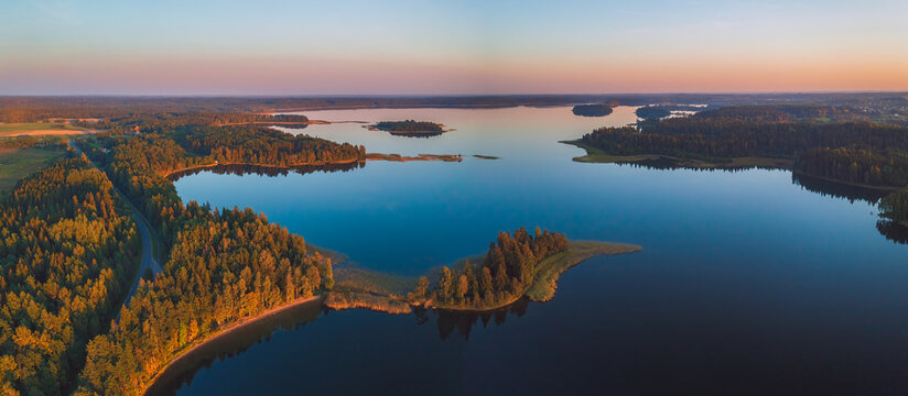 Aerial view of Plateliai lake, the biggest lake in Samogitia. It is the central attraction in the Zemaitija National Park. It has seven islands and one of them housed a castle.