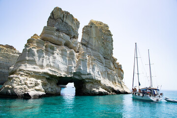 Tour boats in Kleftiko Bay, white cliffs of Kleftiko, Milos, Cyclades Islands, Aegean Sea