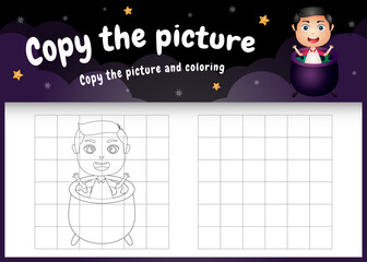copy the picture kids game and coloring page with a cute boy using halloween costume