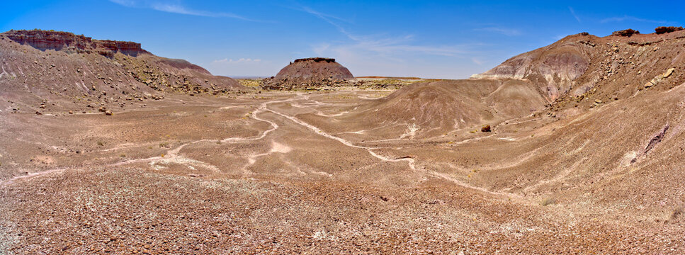 A dome shaped hill of purple bentonite with a rocky flat top in Petrified Forest National Park, Arizona