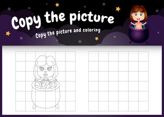 copy the picture kids game and coloring page with a cute girl using halloween costume