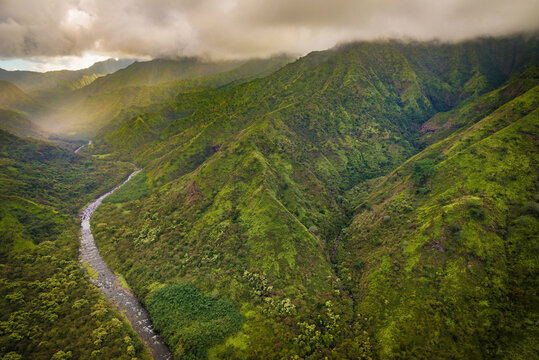 The mountainous Hanalei River Valley on Kauai's north shore photographed from above, Kauai, Hawaii