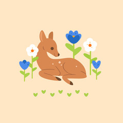 Cartoon fawn on grass, cute character for children. Vector illustration in cartoon style for prints, clothing and postcards.