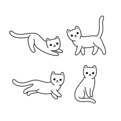 Cartoon cat icon set. Different poses of cat. Vector contour illustration for prints, clothing, packaging, stickers.