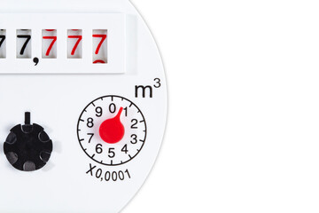 Water meter panel with numbers 7777, concept of accounting or utility costs, copy space.