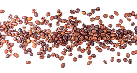 Roasted coffee bean path or border on white background, close-up.