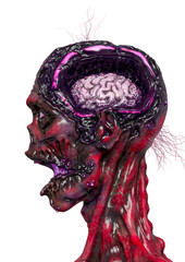 zombie cartoon with brain exposed side view