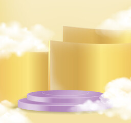 Minimal scene with purple podium and cloud abstract gold background Scene Studio Or Pedestal For Display, Geometric shapes, shape product display presentation. 3D,Vector
