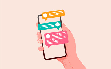 Hand holding phone with messages. Communication and social networking concept. Vector illustration