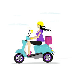 Fototapeta na wymiar Girl on scooter - vector illustration of brunette in helmet on blue scooter.