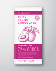 The Original Finest Chocolate Abstract Vector Packaging Design Label. Modern Typography and Hand Drawn Plum Fruits Sketch Silhouette Background Layout. Isolated