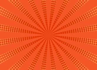 Pop art background. Comic halftone texture. Orange cartoon starburst pattern. Vintage sunburst banner. Retro print. Funny superhero backdrop with beams and dots. Vector illustration.