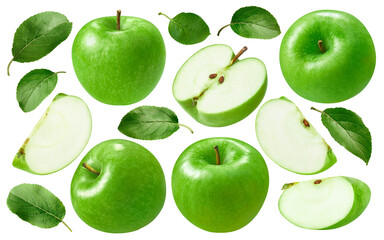 Green apples set isolated on white background. Whole fruit , slices and leaves. Package design...