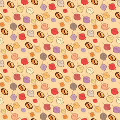 seamless pattern beige coffee beans and autumn leaves vector
