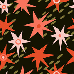 Fototapeta na wymiar seamless pattern with stars of different shapes and sizes on a dark background. festive vector hand drawn illustration. print for fabric, wrapping paper, takeaway tableware.