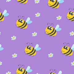 Fototapeta na wymiar Seamless pattern with bumblebee, and chamomile flowers. Violet background. Yellow, grey, blue and pink. Cartoon style. Cute and funny. For kids post cards, wallpaper, textile, wrapping paper, print
