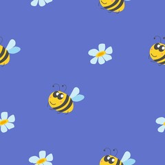 Seamless pattern with bumblebee, and chamomile flowers. Blue background. Yellow, grey, blue and pink. Cartoon style. Cute and funny. For kids post cards, wallpaper, textile, wrapping paper, print