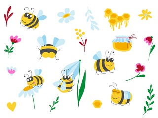 Collection with bumblebee, honey and flowers. Yellow, blue, pink, red and green floral graphic elements. Cartoon flat style. Cute and funny. Kids post cards, posters, nursery, clothes, prints,