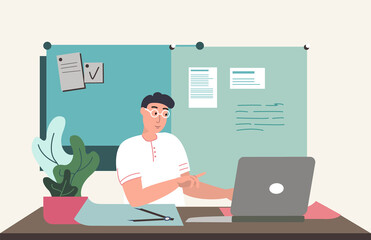 Happy Office Worker Man.Businessman person creating ideas while typing smth on laptop. Creative man. Flat vector illustration isolated on white background