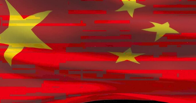 Chinese national flag with digital glitch. Cyber attack and hacking concept. China government and cyber crime