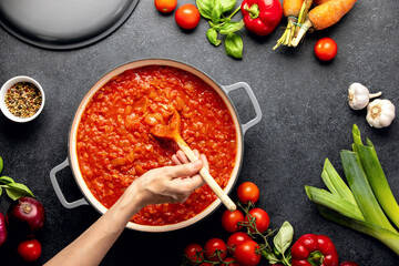 Tomato sauce culinary concept, top down view