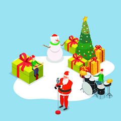 Santa sings with a band 3d isometric vector illustration concept for banner, website, landing page, ads, flyer