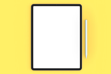 Computer tablet with blue cover case and pencil isolated on yellow background.