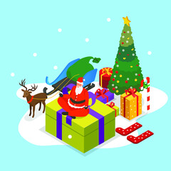 Santa Claus with christmas gifts meditating 3d isometric vector illustration concept for banner, website, landing page, ads, flyer