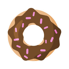 Donut with chocolate cream and pink powder. Cute illustration in cartoon flat style. Happy Birthday greeting card design element. Vanilla, strawberry and chocolate dessert. Sweet snack