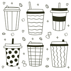 Hand drawn various coffee cups. Plastic and paper coffee cups. Coffee to go
