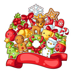 Sweet Merry Christmas greeting card. Cute characters and symbols. Holiday background in cartoon style.