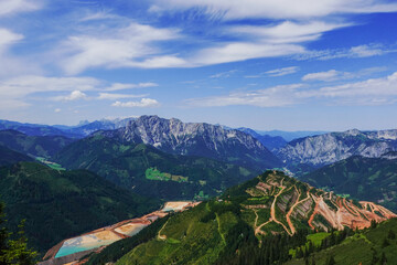 Fototapeta na wymiar amazing ore mountain with blue ponds in a mountain landscape from austria