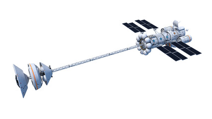 Spaceship with solar panels, alien UFO spacecraft in flight isolated on white background, top view, 3D rendering